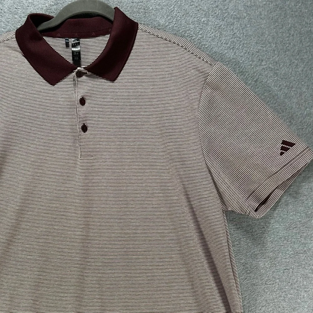 Adidas Polo Shirt Mens XL Maroon Striped Performance Golf Athleisure